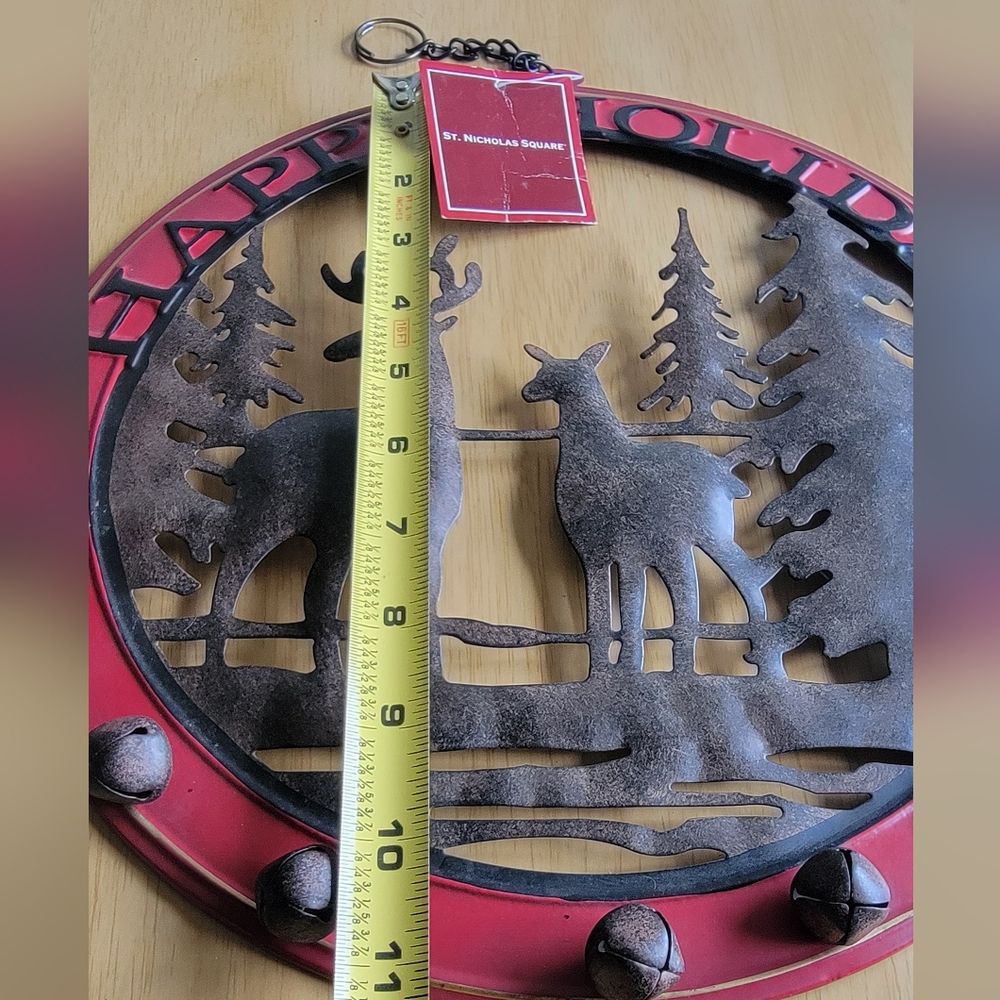 St. Nicholas Square Red and Brown Deer Metal Holiday Wreath With Bells. - Picture 9 of 10